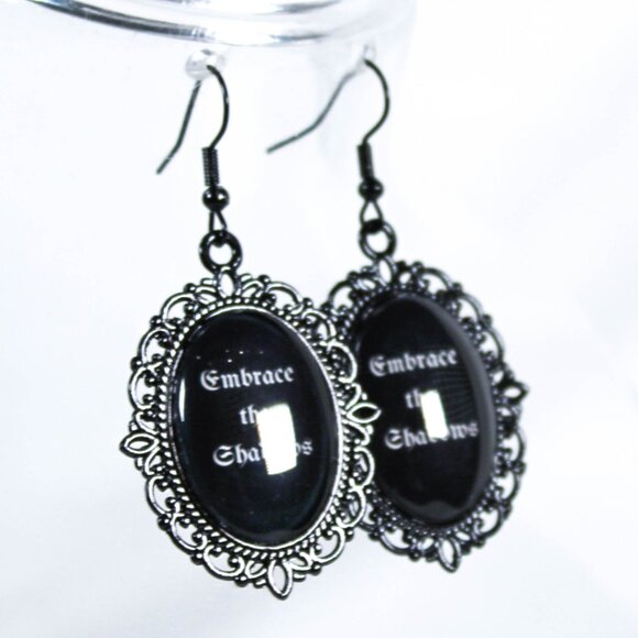 Gothic Quote Earrings – “Embrace the Shadows” Black Cameo Jewelry - Picture 4 of 4